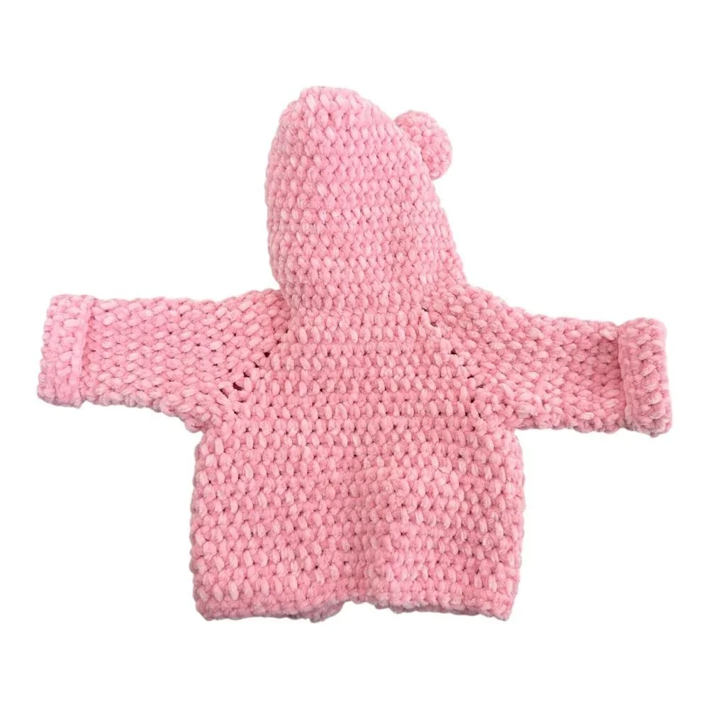 Handmade Pink Chenille Newborn Baby Hoodie & Booties Set Bear Ears Soft Plush - Picture 13 of 16